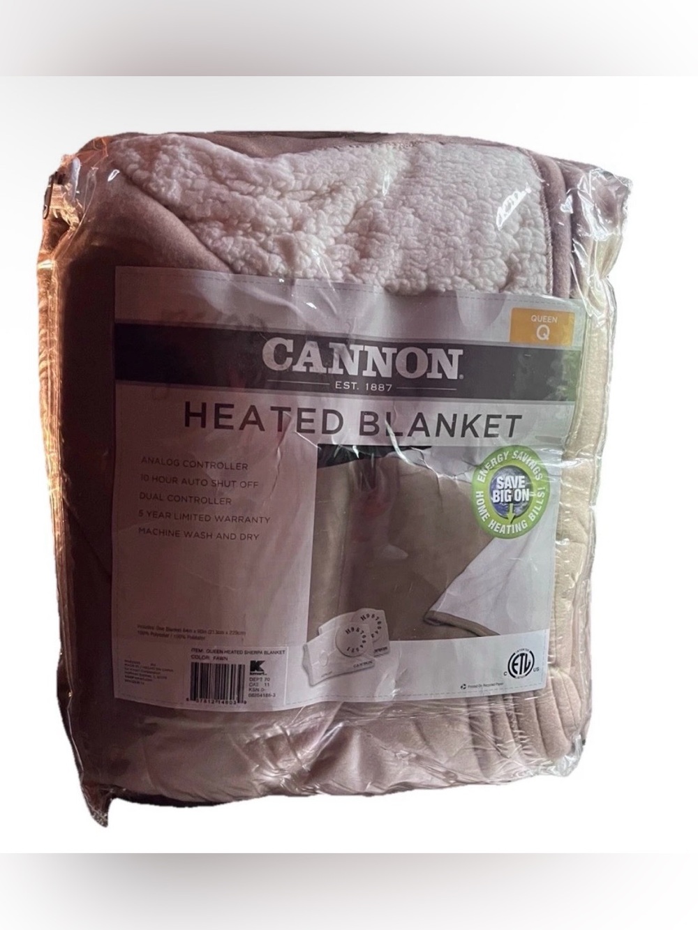 Cannon Queen Heated Sherpa Blanket Fawn Dual Controls Machine Washable